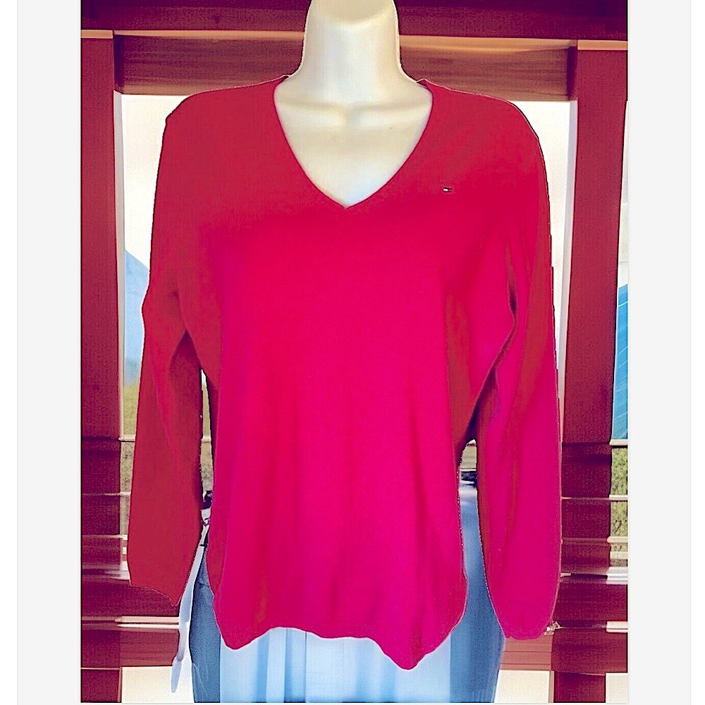 🩷TOMMY HILFIGER🩷 V-NECK JUMPER LONG SLEEVE LOGO SWEATER EUC💗